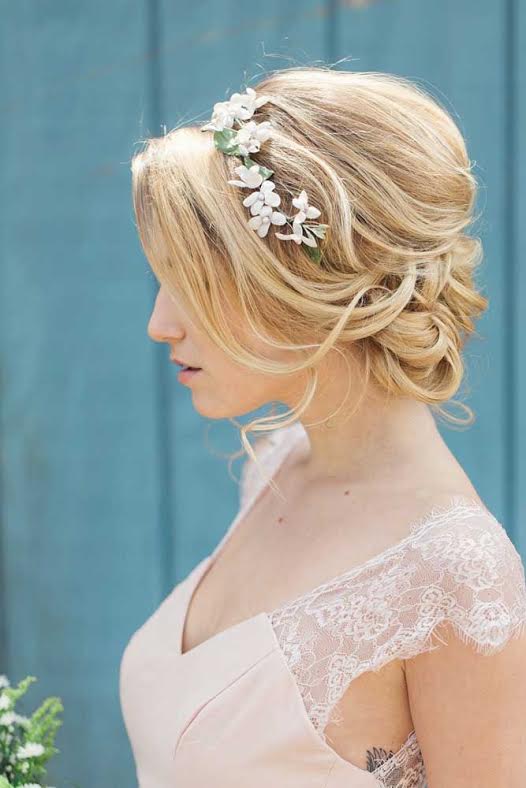 Wedding day hairstyle updo boho flower crown