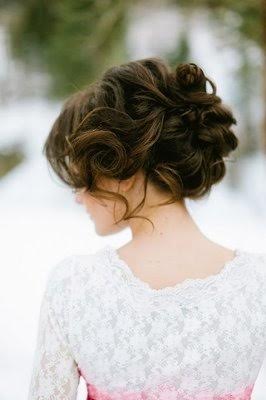 Brunette updo short wedding day hairstyle curls