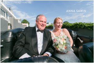 Fun Wedding in Watch Hill, RI - Bride and Father in Car